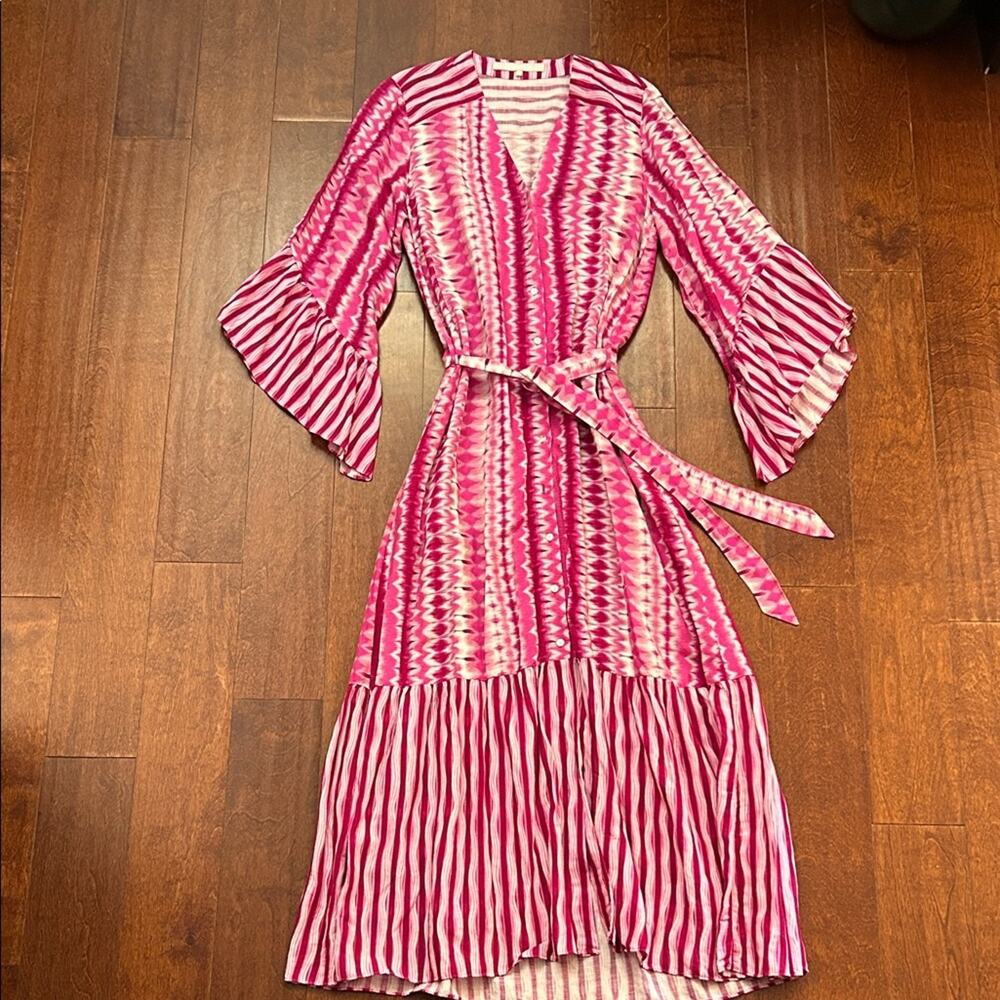 Valerie Khalfon Mika Vibrant Pink & White Bell Sleeve Maxi Dress, Size 42/Large